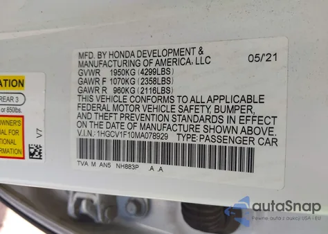 2021 Honda Accord Lx из США, поврежденный, VIN 1HGCV1F10MA078929